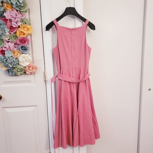 Anthropologie x Gal Meets Glam Dress Midi Linen Square Neck Ruth Swing Pink Belt - Picture 7 of 9